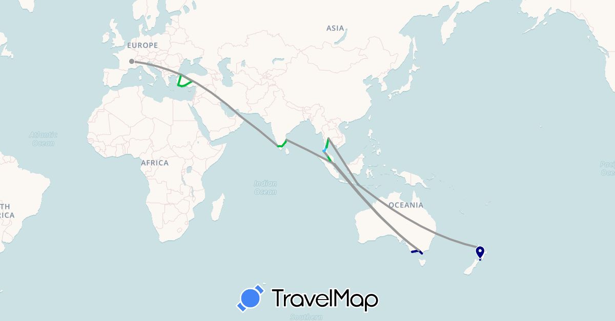 TravelMap itinerary: driving, bus, plane, boat, motorbike in Australia, France, Indonesia, India, Malaysia, New Zealand, Oman, Singapore, Thailand, Turkey (Asia, Europe, Oceania)